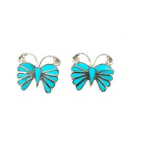 Zuni Inlay Butterfly Earrings Sterling Silver E. Edaakie Native American