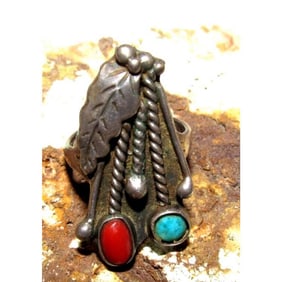 Old Pawn Navajo Turquoise Coral Ring Size 8.5 Sterling Silver Native American