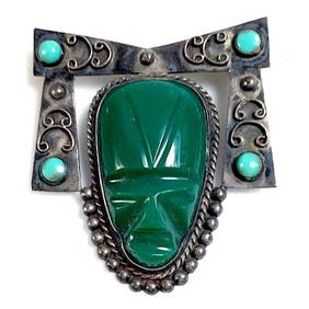 Early Taxco Mexico Pre-Eagle Sterling Silver & Green Onyx Brooch (1 of 4)