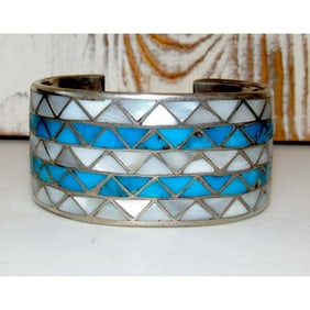 Old Pawn Zuni Inlay Statement Cuff Bracelet Turquoise Mother of Pearl Sterling