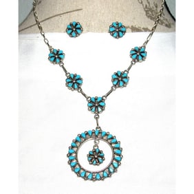 Zuni Turquoise & Sterling Silver Necklace and Earrings Set Leekity