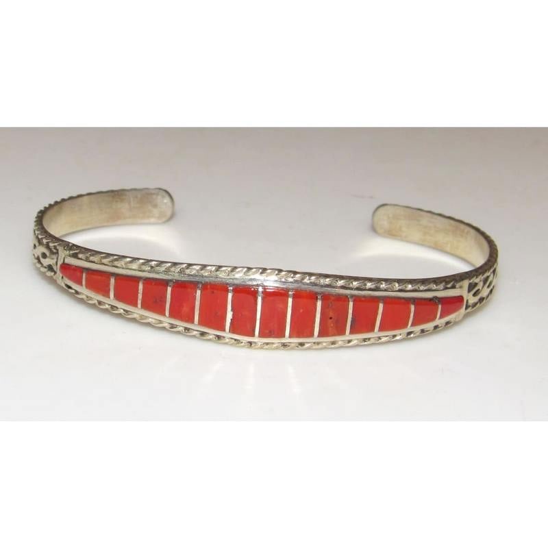 Zuni Inlay Coral Bracelet Sterling Native American D. Luna (1 of 4)