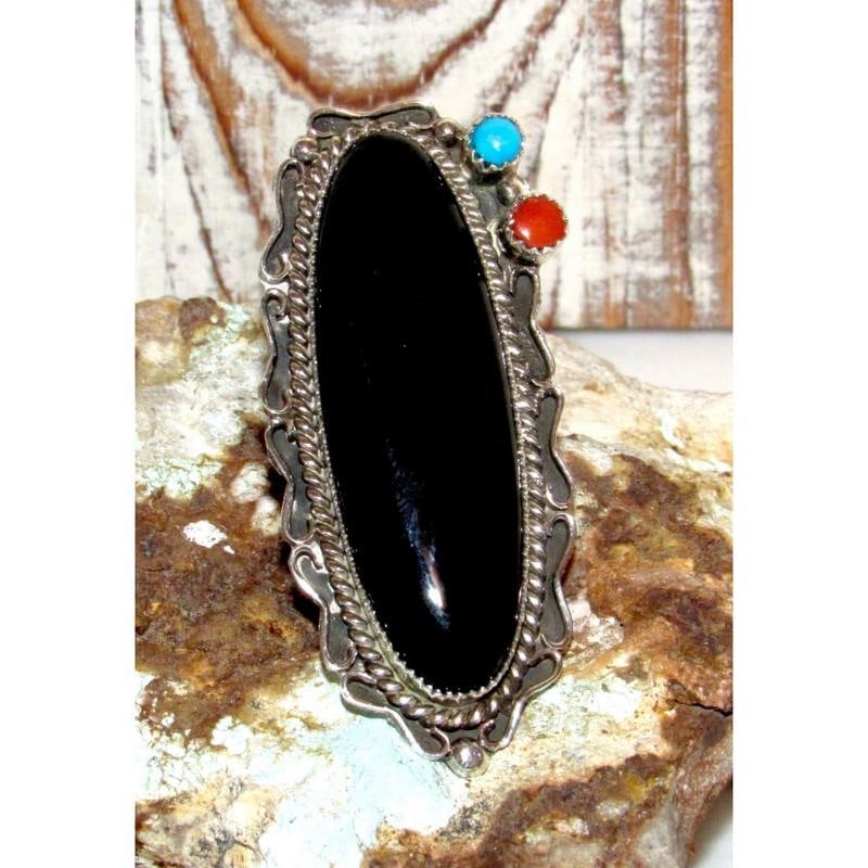Massive Navajo Ring Onyx Turquoise Sterling Silver Sz 8 Native American S. Yazzie (1 of 3)