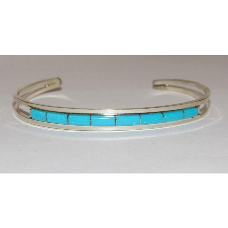 Zuni Turquoise Inlay Stacker Cuff Bracelet Sterling A. Wallace: Fab Native American Zuni sterling silver and Sleeping Beauty mine turquoise inlay cuff bracelet by A. Wallace. Dainty cuff bracelet with a traditional inlay design in sterling silver. Great as a stack