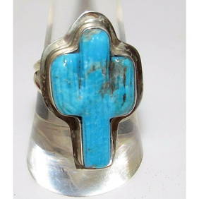 Navajo Turquoise Cactus Ring Size 8 Sterling Silver Native American Signed (1 of 5)