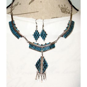 VTG Zuni Turquoise & Sterling Silver Dangle Necklace and Earrings Set