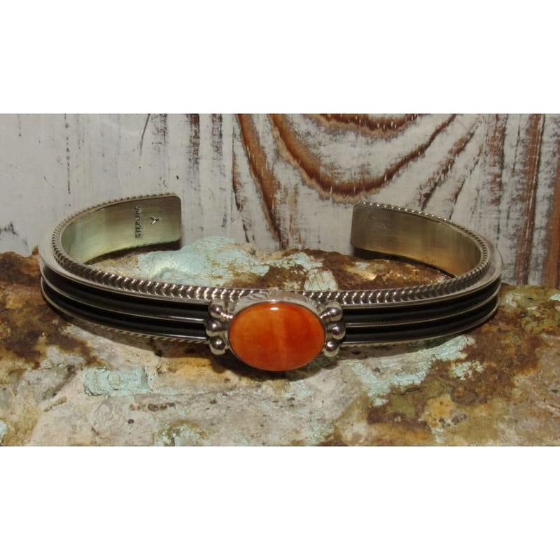 Navajo Orange Spiny Oyster Stacker Cuff Bracelet Sterling Silver D Yazzie: Stunning Native American Navajo sterling silver and orange spiny oyster cuff bracelet by the Navajo artist D. Yazzie.The inside circumference is about 5 3/4" from side to side and the gap is about 1",