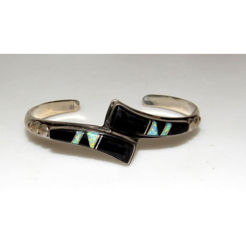 Navajo Onyx Opal Bracelet Inlay Sterling Silver Native American Signed Cuff (1 of 3)