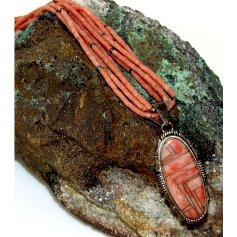 VTG Navajo Angel Skin Coral Multi Strand Necklace Pendant Sterling Silver Signed (1 of 9)