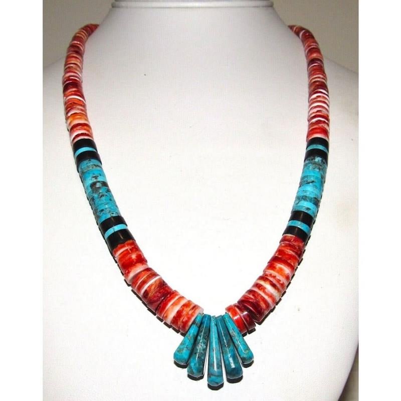 Santo Domingo Kingman Turquoise Red Spiny Heishi Necklace Lupe Lovato (1 of 4)