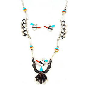 Zuni Inlay Thunderbird Necklace Earrings Set L. Ahiyite Sterling Silver (1 of 4)