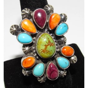 Navajo Turquoise Orange Purple Spiny Cluster Ring Sz 8 Sterling Silver