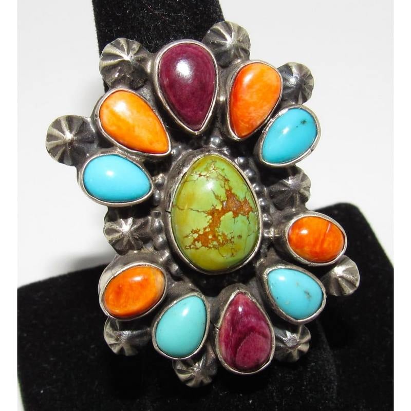 Navajo Turquoise Orange Purple Spiny Cluster Ring Sz 8 Sterling Silver (1 of 5)