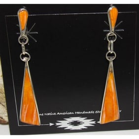 Zuni Orange Spiny Oyster Sterling Silver Dangle Statement Earrings A. Gasper