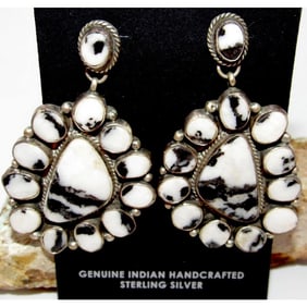 Navajo White Buffalo Cluster Earrings Sterling Silver Dangles Marcela James