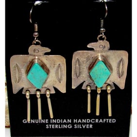 VTG Navajo Thunderbird Earrings Hand Stamped Sterling Silver Royston Turquoise
