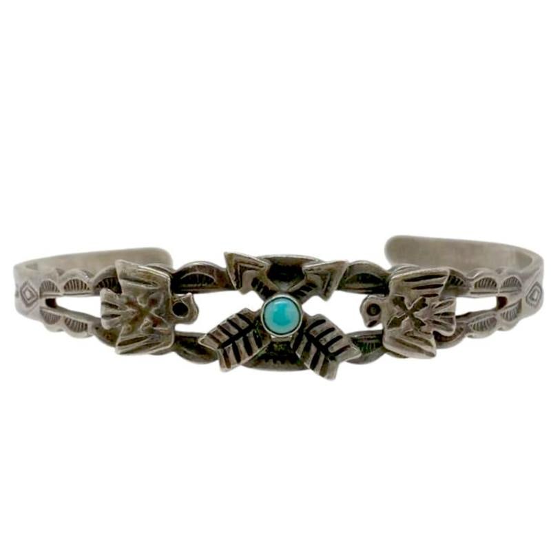 VTG Navajo Fred Harvey Era Bracelet Sterling Turquoise Thunderbird & Arrows (1 of 3)