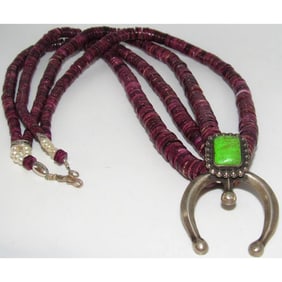 Navajo Purple Spiny Oyster Emerald Valley Turquoise Naja Squash Blossom Necklace