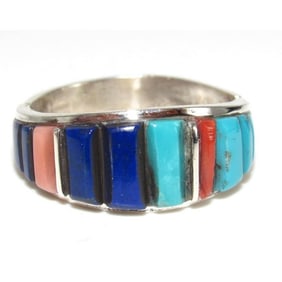 Navajo Turquoise Lapis Cobble Inlay Ring Sz 11.5 Sterling Silver Edison Yazzie