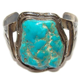 Old Pawn Navajo Raw Sleeping Beauty Turquoise Nugget Cuff Bracelet Sterling