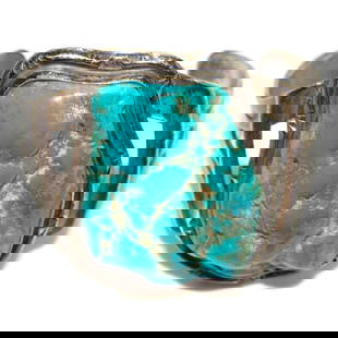 Old Pawn Navajo Raw Sleeping Beauty Turquoise Nugget Cuff Bracelet Sterling: For your consideration is this phenomenal opportunity to acquire a one of a kind museum worthy vintage Navajo sterling silver and gorgeous natural raw Sleeping Beauty mine Seafoam turquoise nugget cuf
