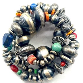 Navajo Pearls Necklace Sterling Silver Turquoise Spiny Lapis Beads Accents 24"L