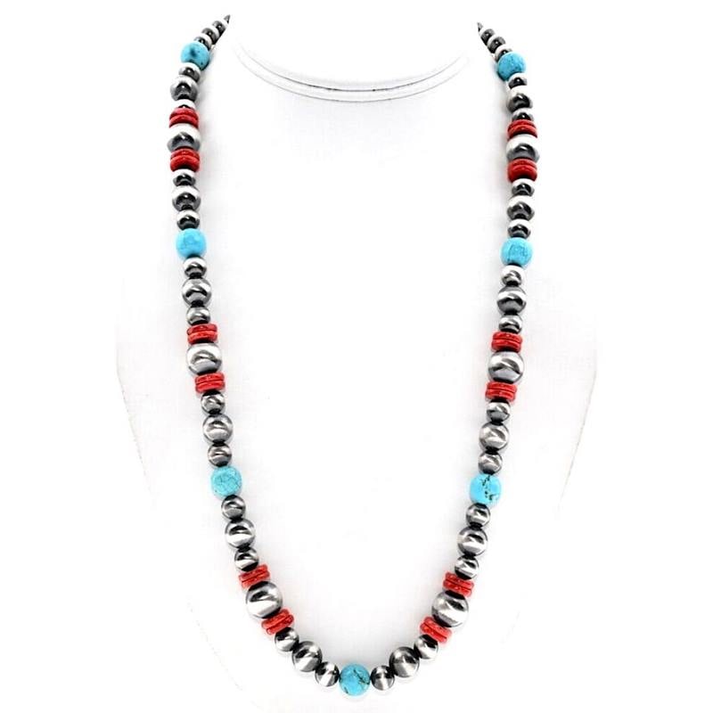 Navajo Pearls Necklace Sterling Silver Turquoise Coral Beads Accents 25"L (1 of 4)