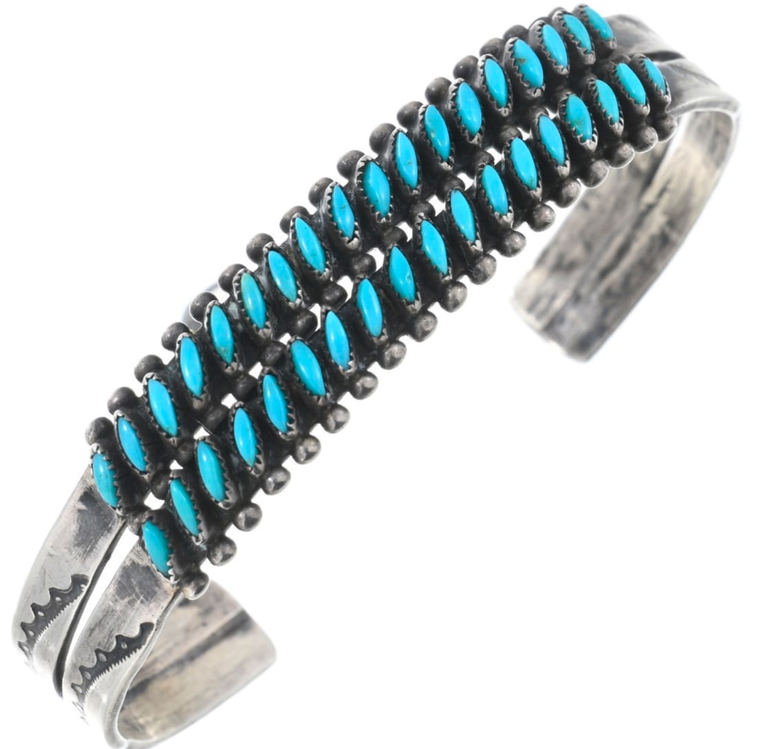 Old Pawn Zuni Petit Point Turquoise Sterling Silver Cuff Bracelet