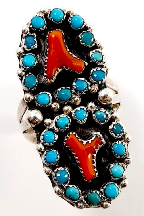 Old Pawn Navajo Turquoise Coral Sterling Cluster Ring 8.5 att Simplicio