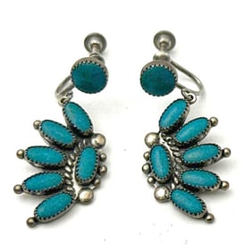 Old Pawn Zuni Turquoise Cluster Sterling Silver Screw Back Earrings