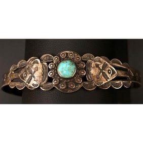 Fred Harvey Era Bracelet Navajo Sterling Turquoise Arrows Design Cuff Old Pawn