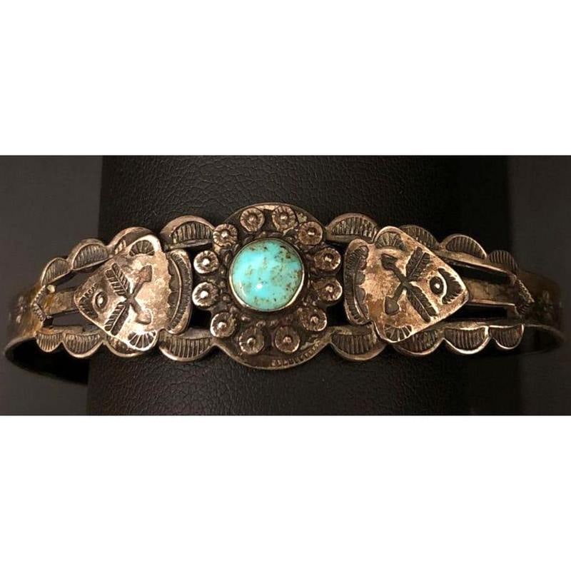 Fred Harvey Era Bracelet Navajo Sterling Turquoise Arrows Design Cuff Old Pawn (1 of 4)