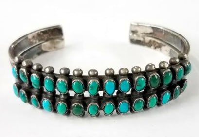 Old Pawn Zuni Snake Eye Turquoise Cuff Bracelet Sterling Silver