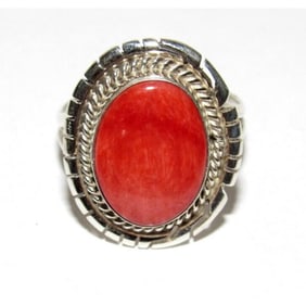 Navajo Red Spiny Ring Size 6 Sterling Silver Native American P Skeets
