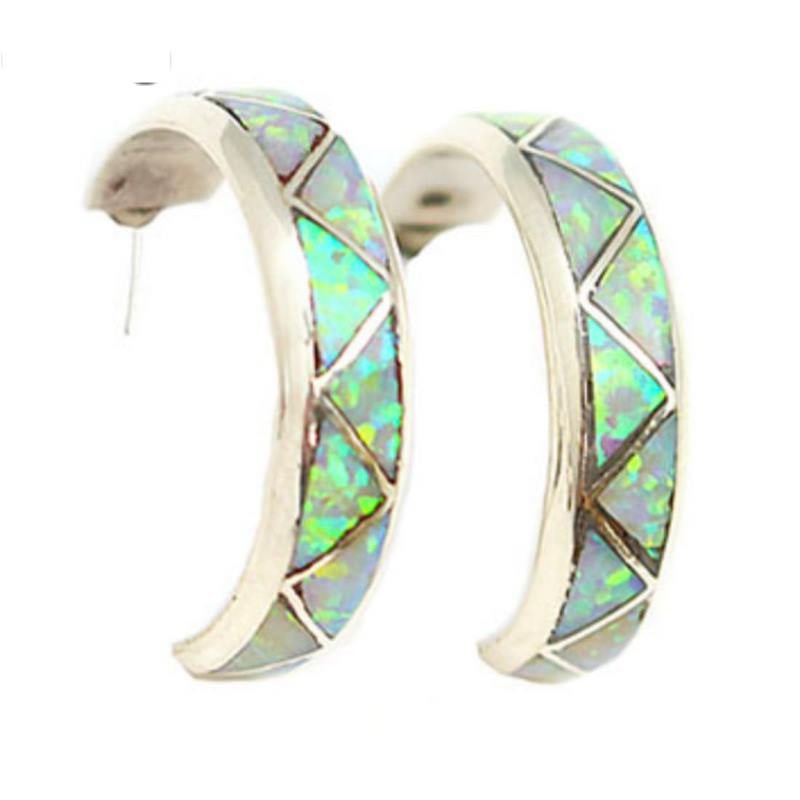 Zuni Opal Inlay Hoop Earrings 1/2?? Diameter Sterling Silver: For your consideration is a pair of these fab Zuni sterling silver and opal inlay statement hoop earrings. These gorgeous pieces feature a classic hoop design, accented with gorgeous shimmery opal geo