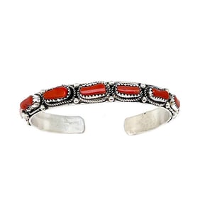 Navajo Mediterranean Coral Stacker Cuff Bracelet Sterling Silver Native American