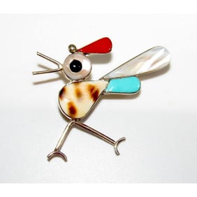 VTG Zuni Roadrunner Brooch Pin Sterling Silver Turquoise MOP Coral