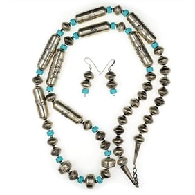 Navajo Pearls Necklace & Earrings Set Sterling Silver Barrel & Saucer Beads