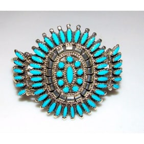 Navajo Turquoise Cluster Cuff Bracelet Sterling Silver Native American Signed