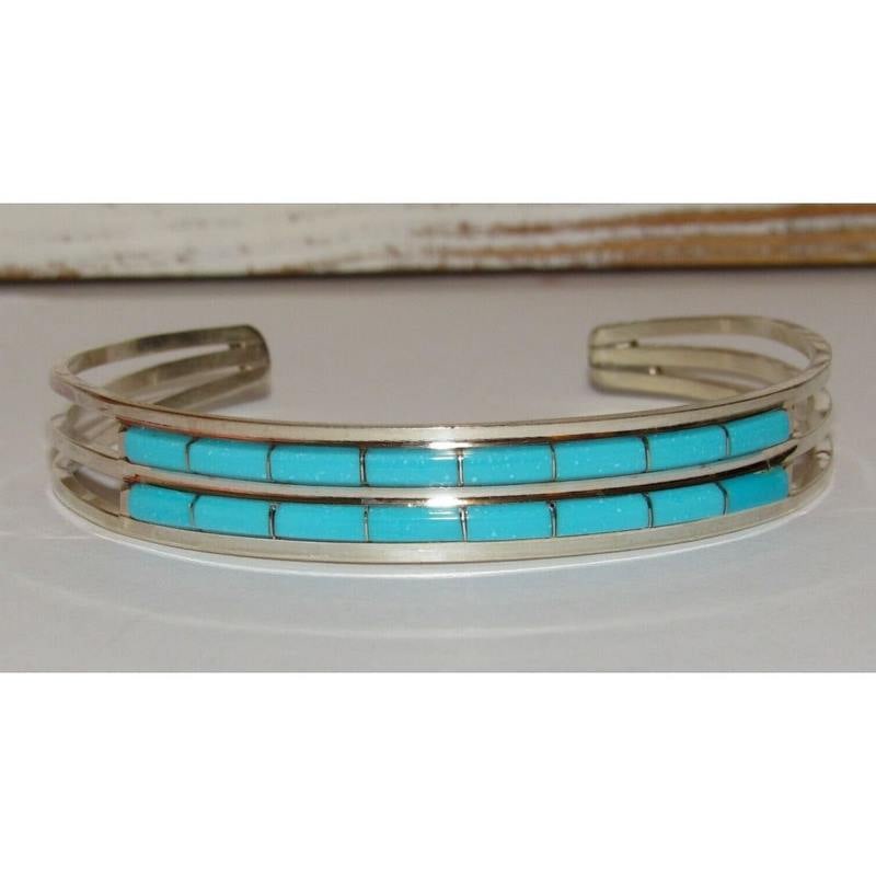 Zuni Turquoise Inlay Stacker Cuff Bracelet Sterling A. Wallace: Fab Native American Zuni sterling silver and Sleeping Beauty mine turquoise inlay cuff bracelet by A. Wallace. Dainty cuff bracelet with a traditional inlay design in sterling silver. Great as a stack