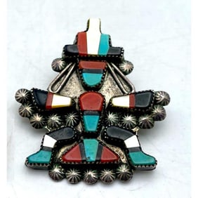 Old Pawn Zuni Knifewing Kachina Pin Pendant Sterling Silver Turquoise Coral MOP