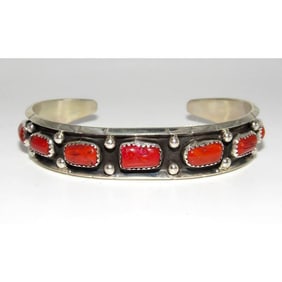 Navajo Mediterranean Coral Stacker Cuff Bracelet Sterling Silver Native American