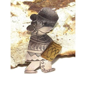 Vintage Navajo Drummer Pin Brooch Sterling Silver B. Begay
