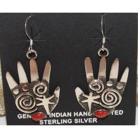Navajo Alex Sanchez Petroglyph Dangle Healing Hands Earrings Sterling Silver
