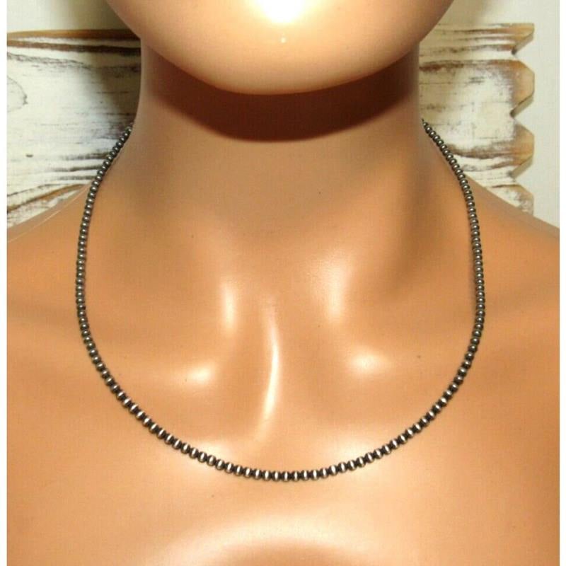 Navajo Pearls Necklace Sterling Silver Choker Necklace 20"L: Stunning 3mm Navajo pearls necklace. Measures about 20" long. Gorgeous, elegant & timeless piece that is sure to complement any outfit. Wonderful gift for anyone or yourself! :) FREE IN-HOUSE SHIPPING