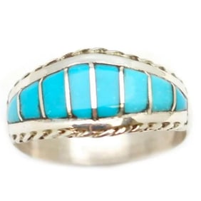 Zuni Turquoise Inlay Ring Sz 8 Sterling Silver M. Peynesta Native American