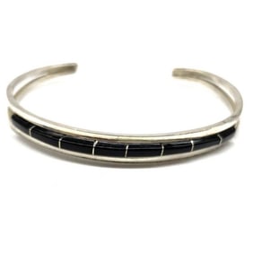 VTG Zuni Onyx Inlay Stacker Cuff Bracelet Sterling Leticia Wallace