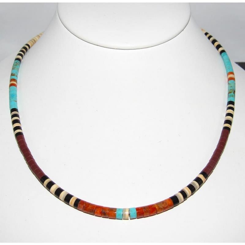 Santo Domingo Rolled Pen Shell, Orange Spiny & Turquoise Heishi Necklace 18"L: Stunning Santo Domingo pen shell, orange spiny & Kingman turquoise rolled heishi beads choker necklace with sterling silver clasp by the Santo Domingo artist Jeanette Calabaza. Measures about 18" long