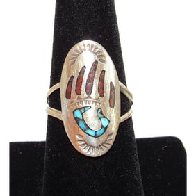 Navajo Inlay Ring Sz. 8.5 Bear Paw Design Turquoise Coral Inlay J. Yazzie