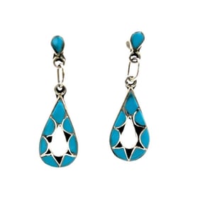 Zuni Turquoise Inlay Dangle Earrings Sterling Silver Native